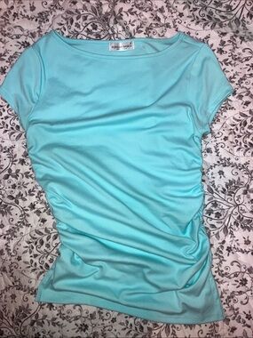 Popular Basics Women's Aqua Ruched Short Sleeve Tee